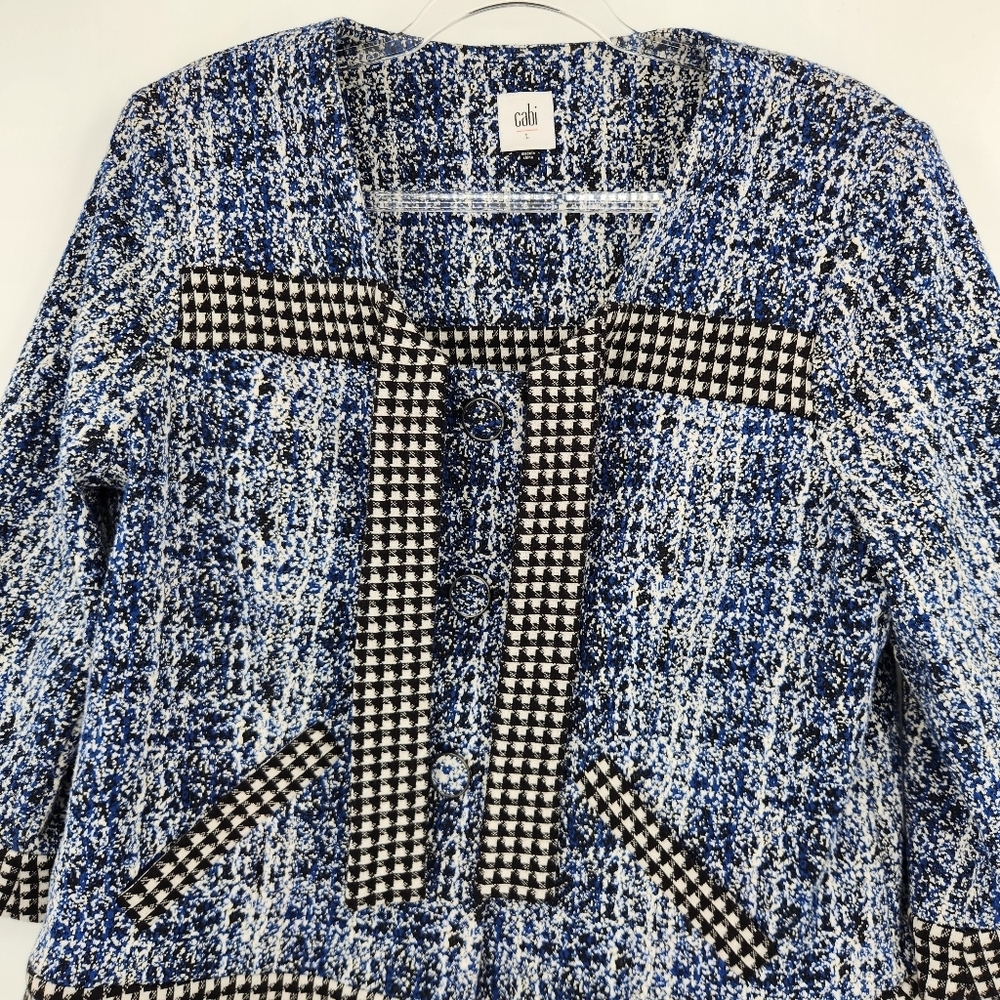 Cabi Reina 21 Club Jacket Womens Size Large Blue Tweed Black Checked Trim - Picture 2 of 8
